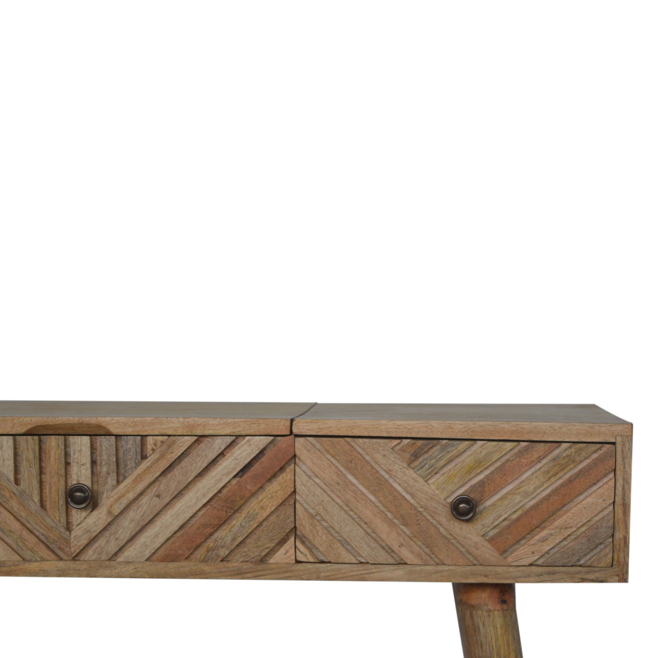 Solid Mango Wood Oak Finished 3 Drawer 1 Hidden Mirror Line Carved Foldable Dressing Table - Image 4