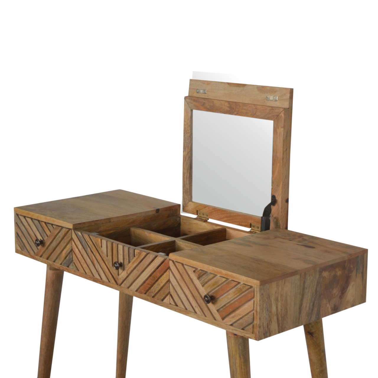 Solid Mango Wood Oak Finished 3 Drawer 1 Hidden Mirror Line Carved Foldable Dressing Table - Image 5