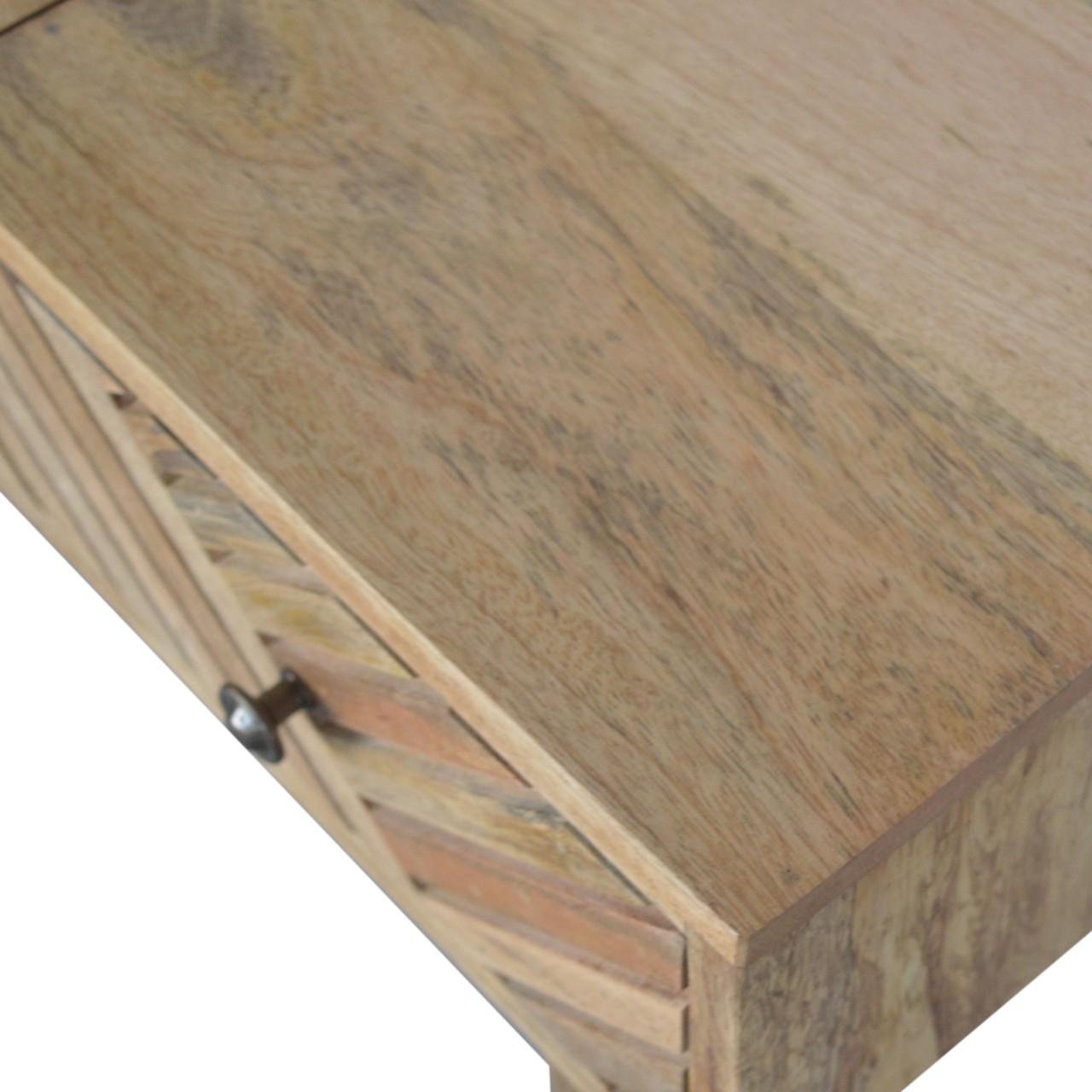 Solid Mango Wood Oak Finished 3 Drawer 1 Hidden Mirror Line Carved Foldable Dressing Table - Image 6