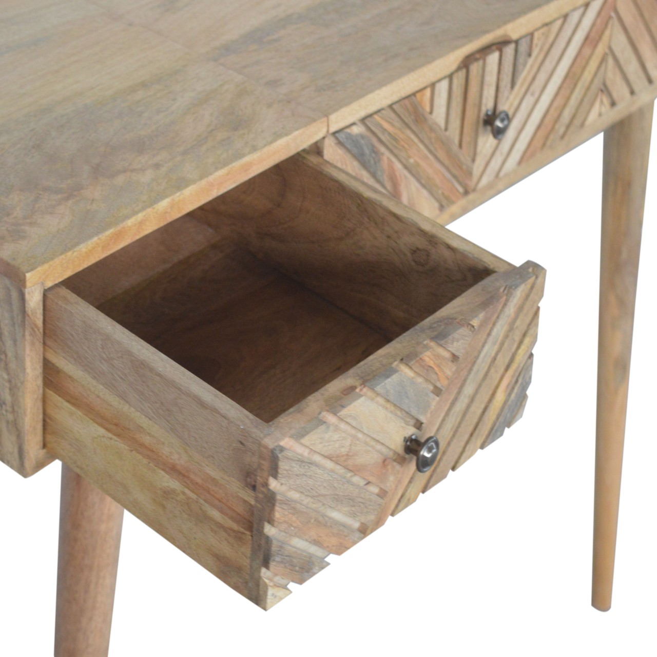 Solid Mango Wood Oak Finished 3 Drawer 1 Hidden Mirror Line Carved Foldable Dressing Table - Image 7