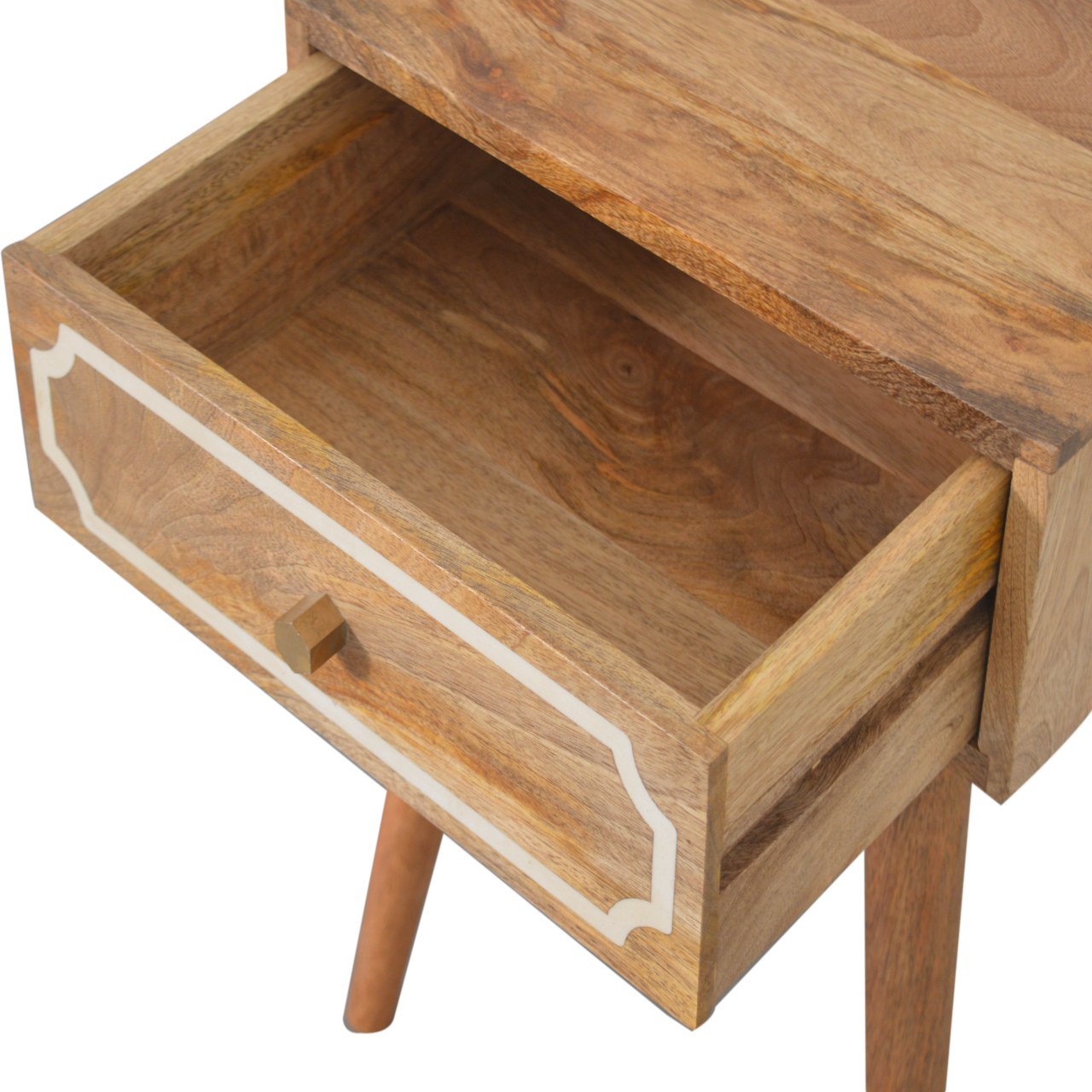 Solid Mango Wood Oak Finished 1 Drawer Nepal Inset Bedside - Image 5