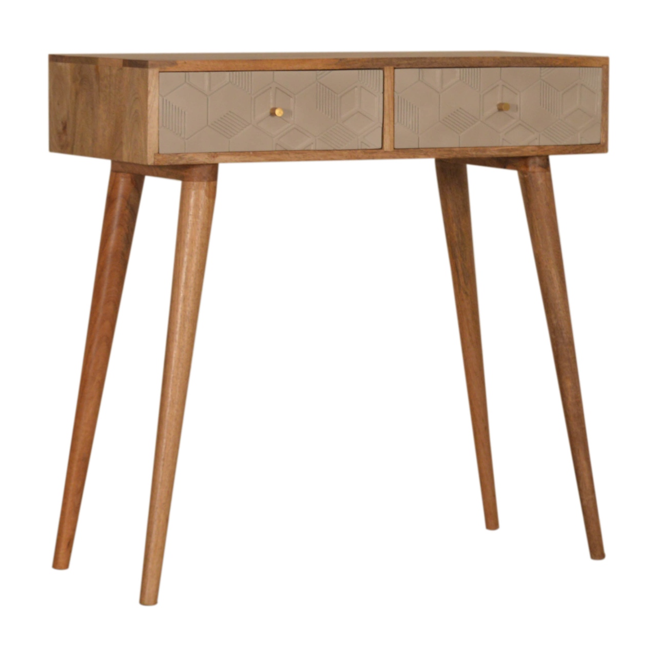 Solid Mango Wood Oak Finished 2 Drawer Champagne Hand Painted Acadia Console Table - Image 3