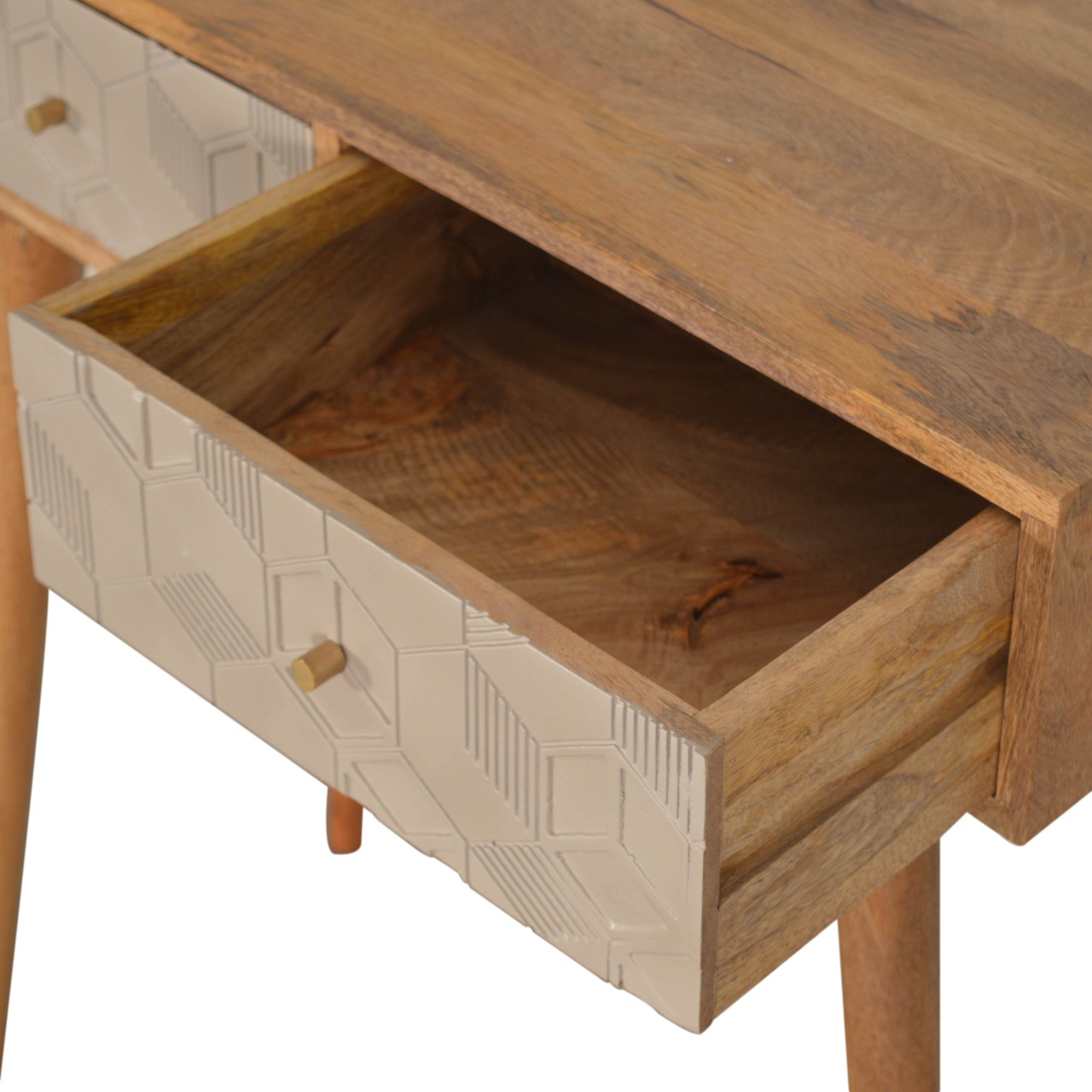 Solid Mango Wood Oak Finished 2 Drawer Champagne Hand Painted Acadia Console Table - Image 4