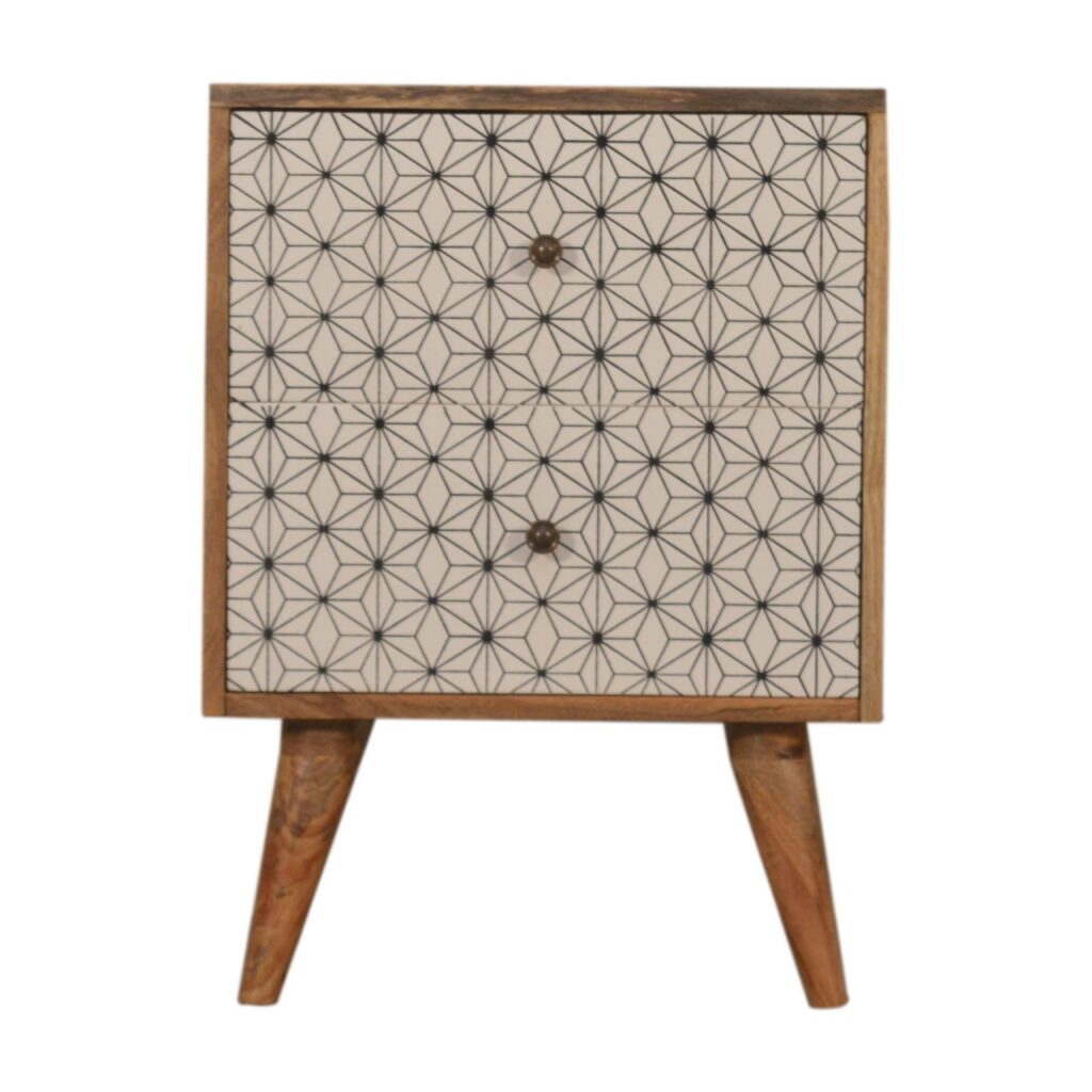 Solid Mango Wood Oak Finished Prima Geometric Screenprint Front 2 Drawer Bedside