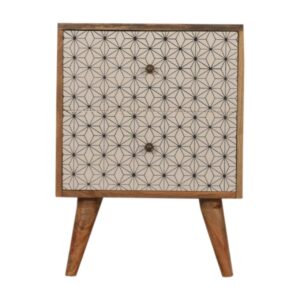 Solid Mango Wood Oak Finished Prima Geometric Screenprint Front 2 Drawer Bedside