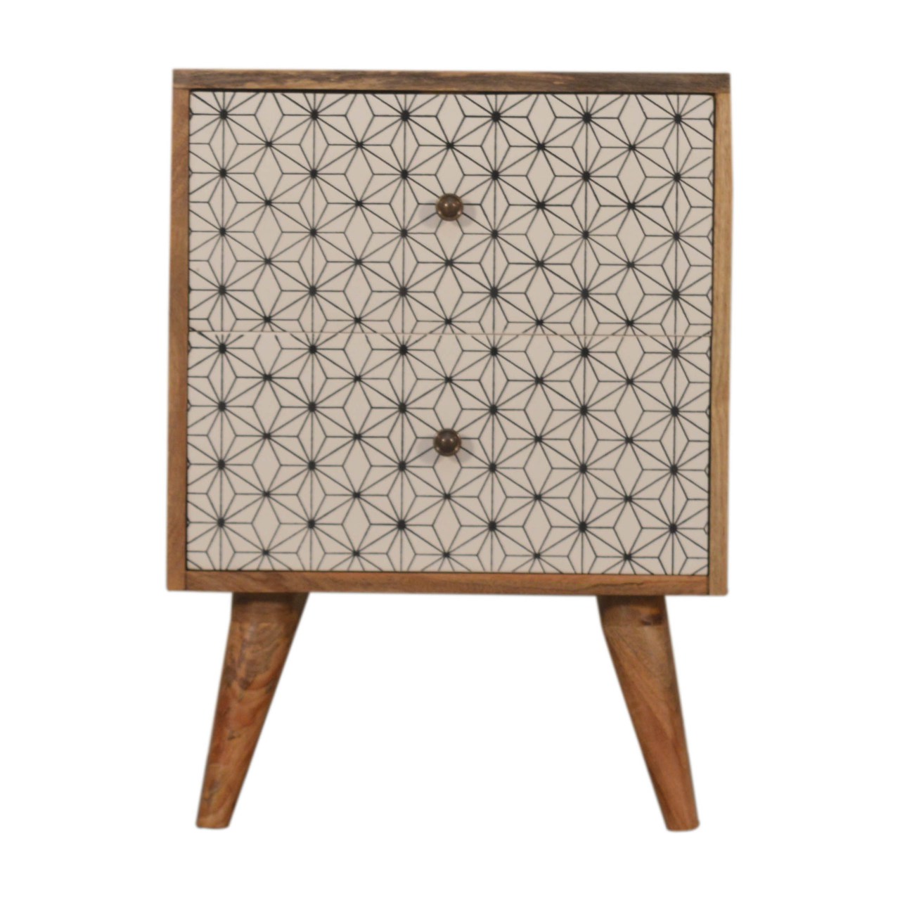 Solid Mango Wood Oak Finished Prima Geometric Screenprint Front 2 Drawer Bedside