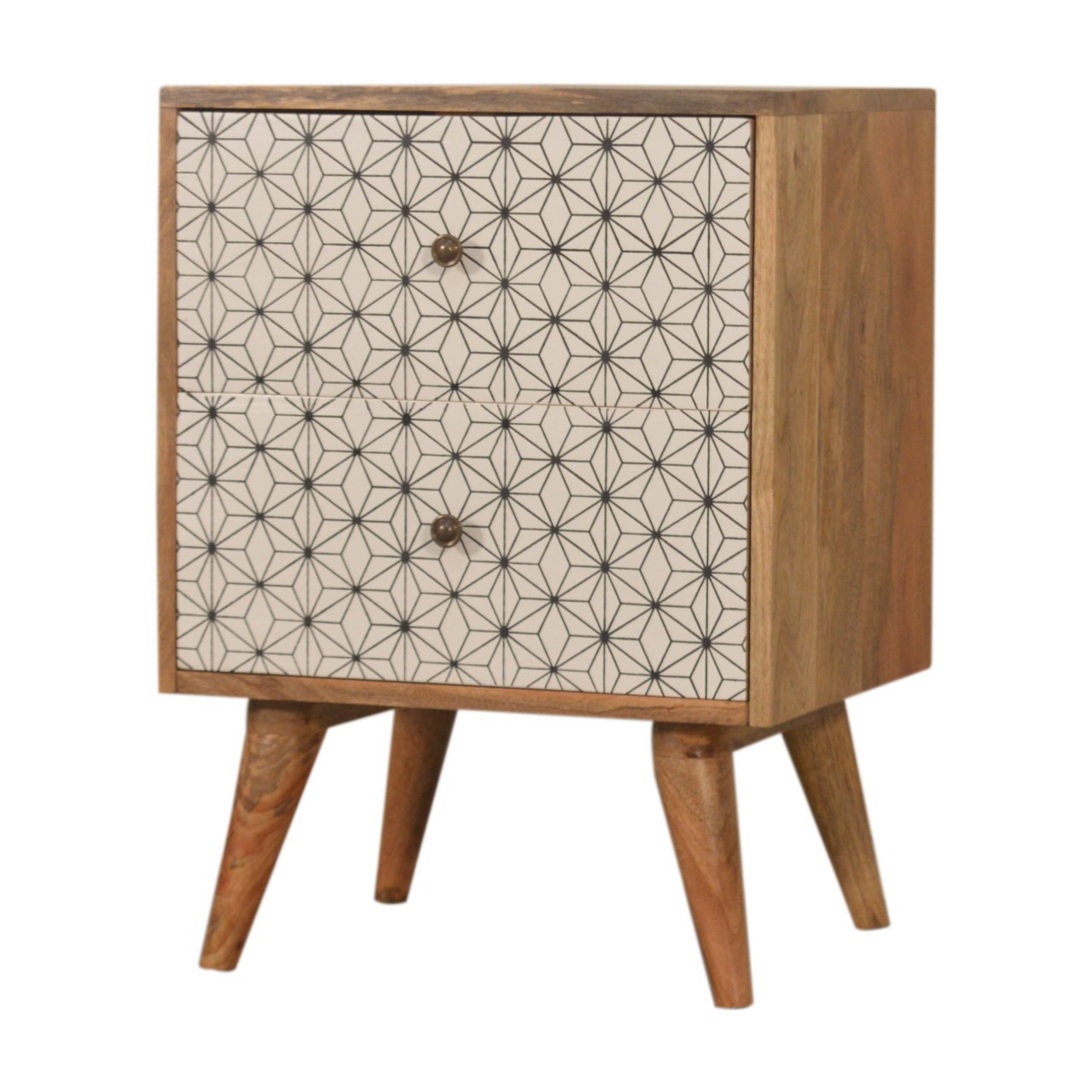 Solid Mango Wood Oak Finished Prima Geometric Screenprint Front 2 Drawer Bedside - Image 2