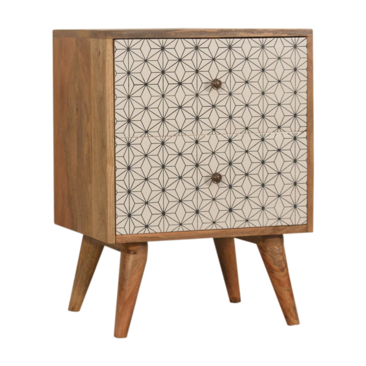 Solid Mango Wood Oak Finished Prima Geometric Screenprint Front 2 Drawer Bedside - Image 3