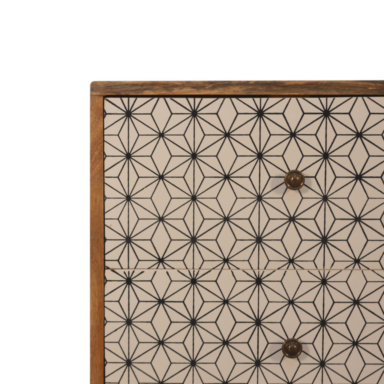 Solid Mango Wood Oak Finished Prima Geometric Screenprint Front 2 Drawer Bedside - Image 4