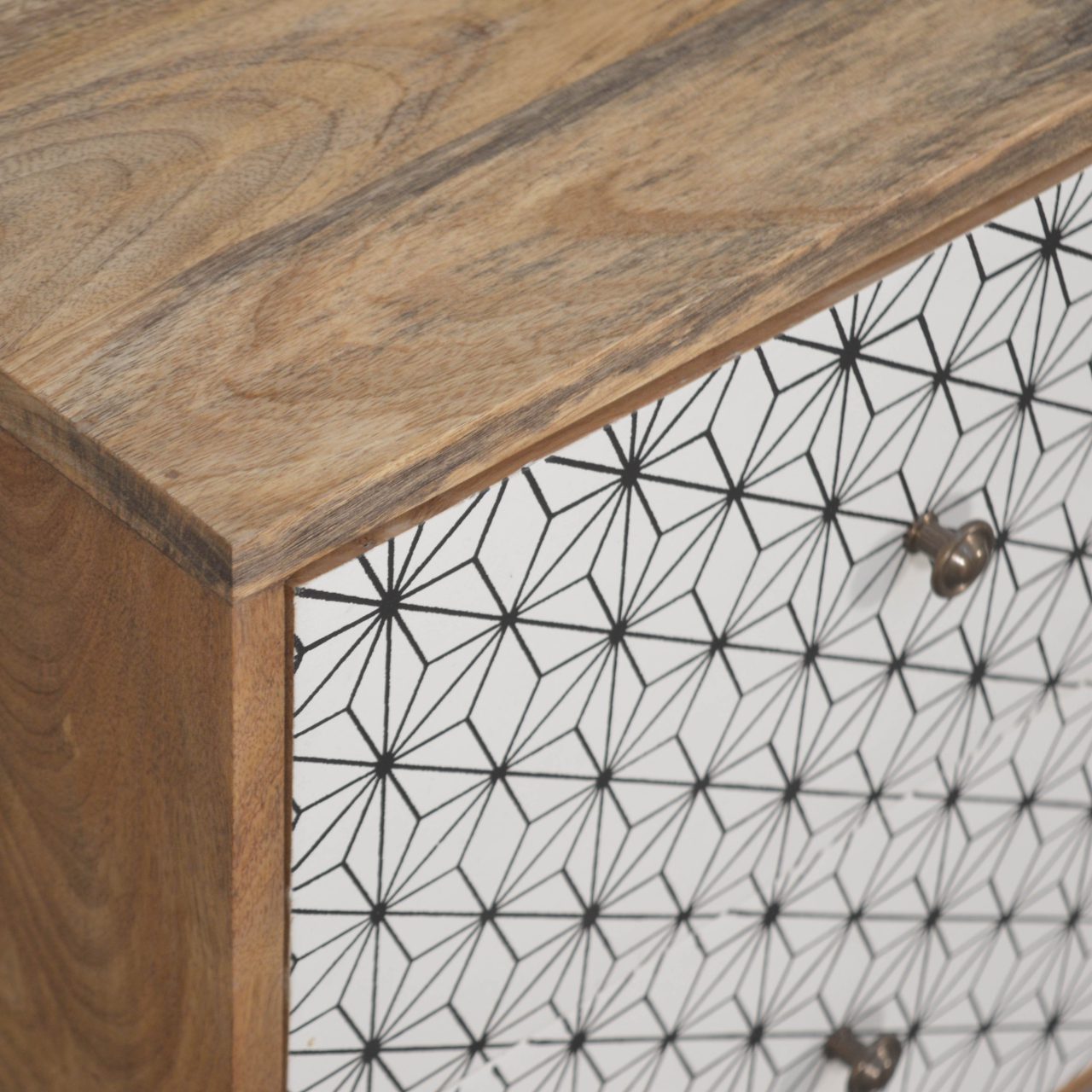 Solid Mango Wood Oak Finished Prima Geometric Screenprint Front 2 Drawer Bedside - Image 5