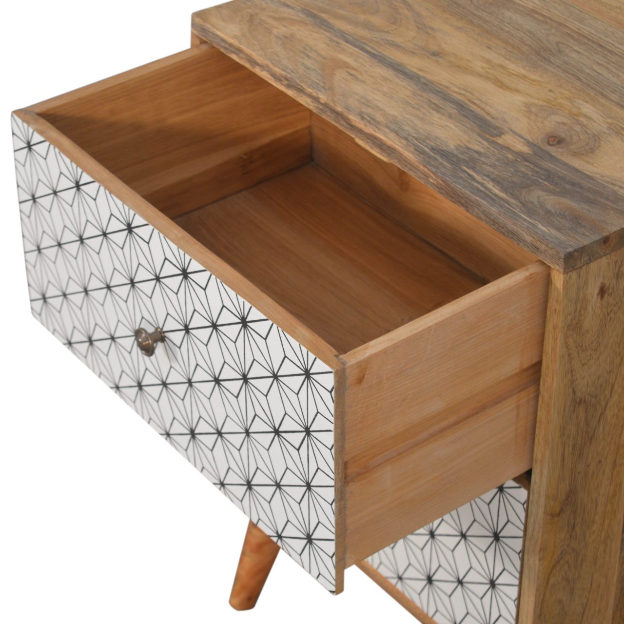 Solid Mango Wood Oak Finished Prima Geometric Screenprint Front 2 Drawer Bedside - Image 8