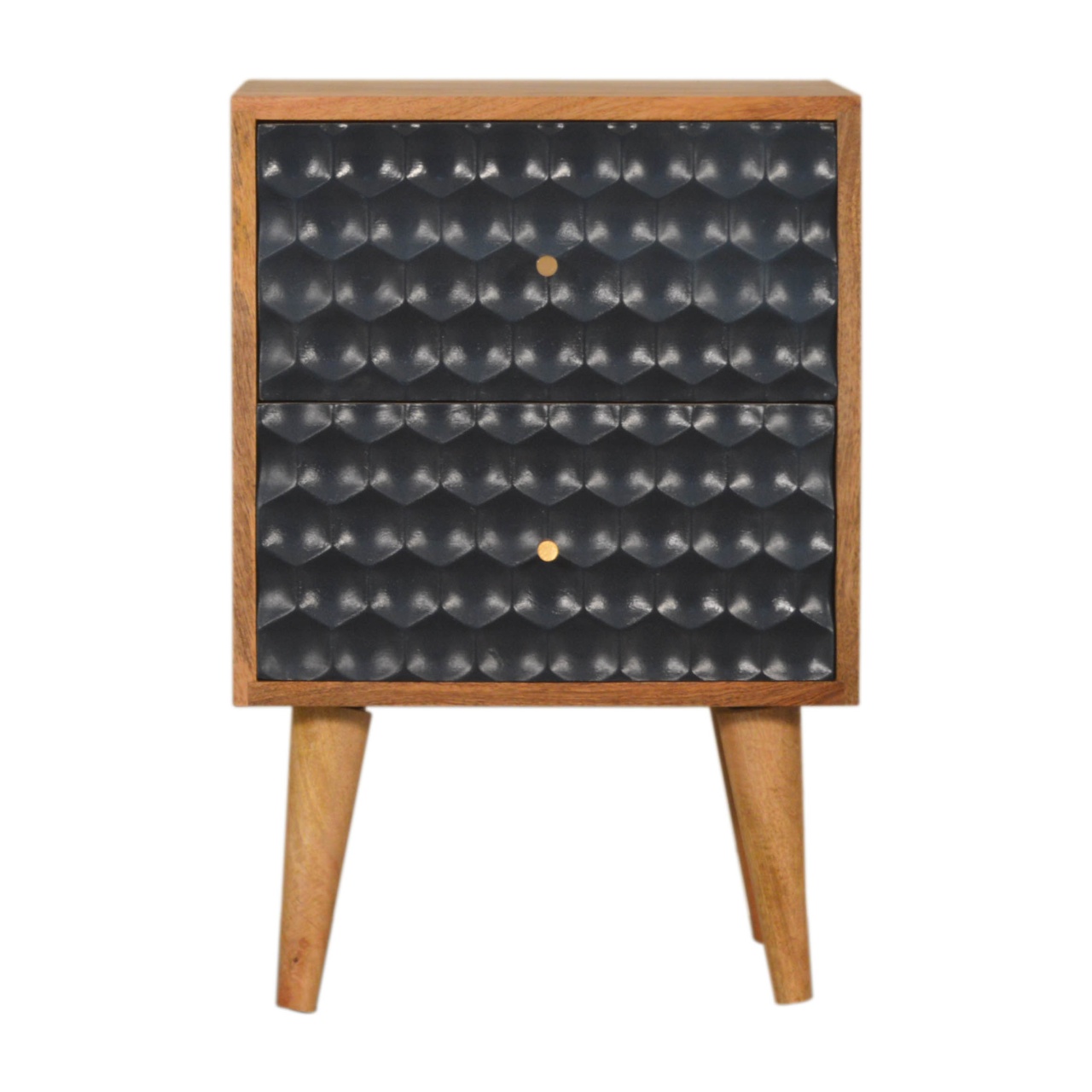 Solid Mango Wood Oak Finished 2 Drawer Black Painted Honeycomb Bedside