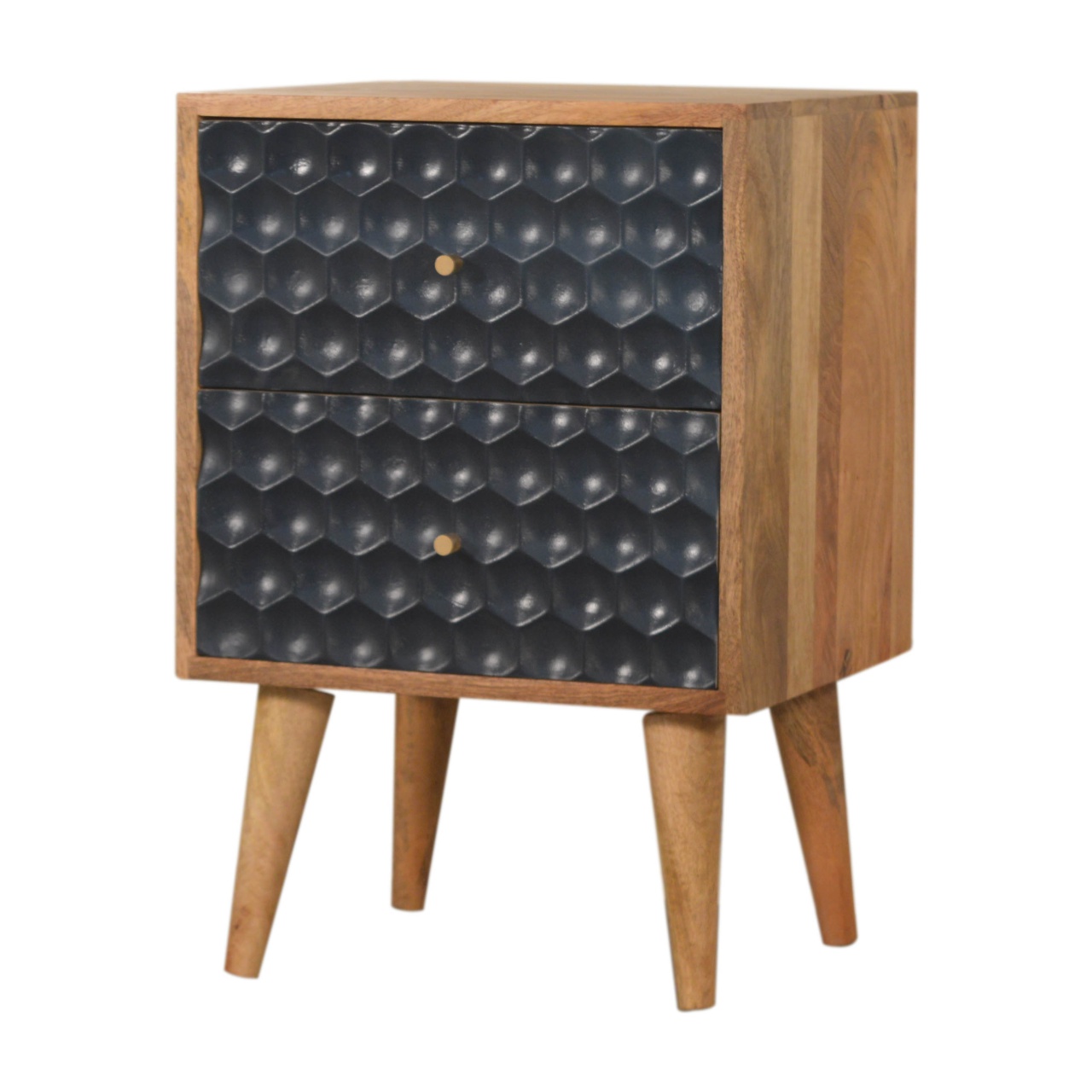 Solid Mango Wood Oak Finished 2 Drawer Black Painted Honeycomb Bedside - Image 2