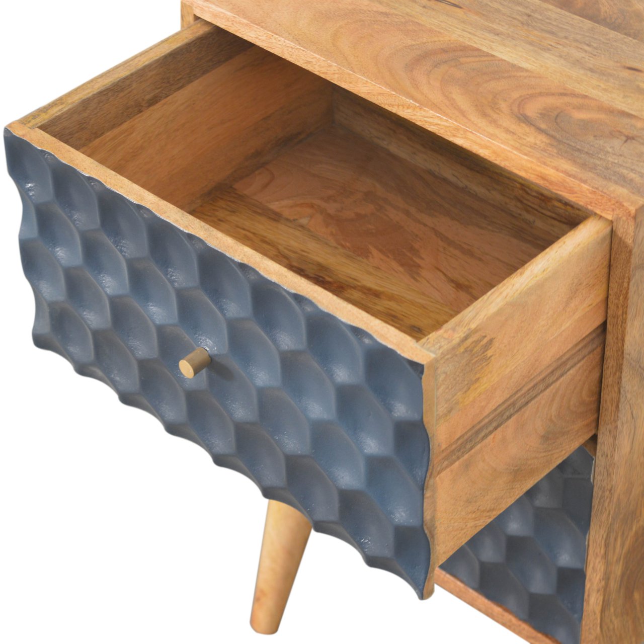 Solid Mango Wood Oak Finished 2 Drawer Black Painted Honeycomb Bedside - Image 6