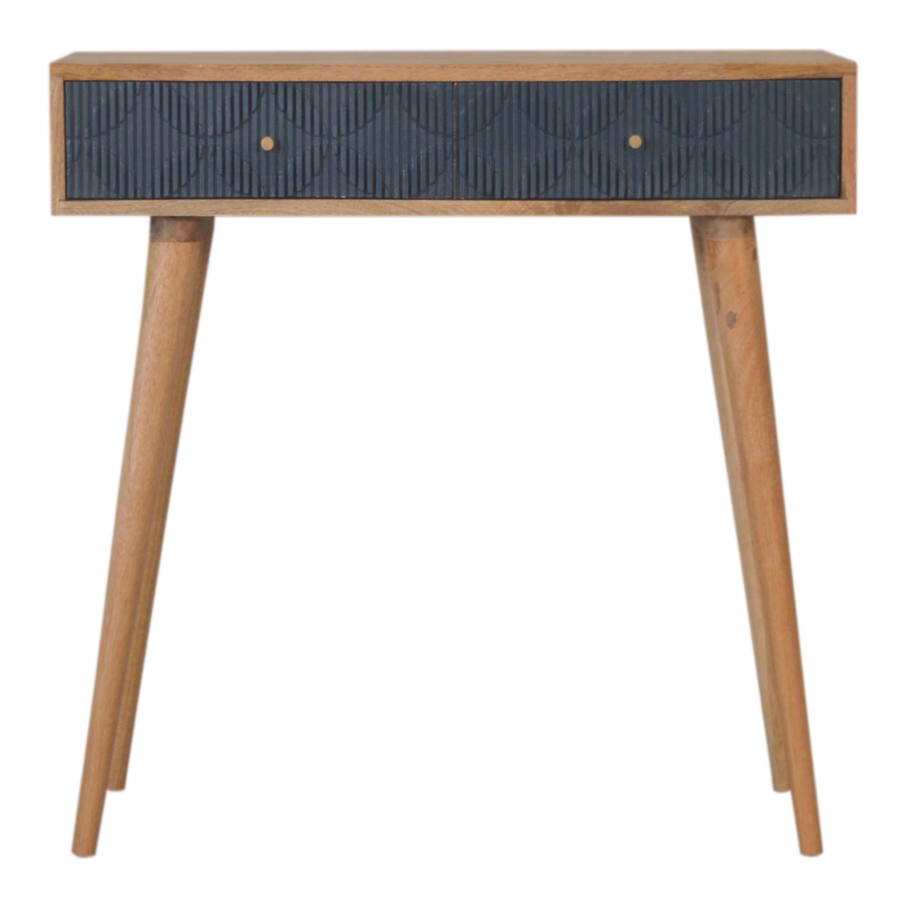 Solid Mango Wood Oak Finished 2 Drawer Milan Hand Painted Navy Ribbed Console Table