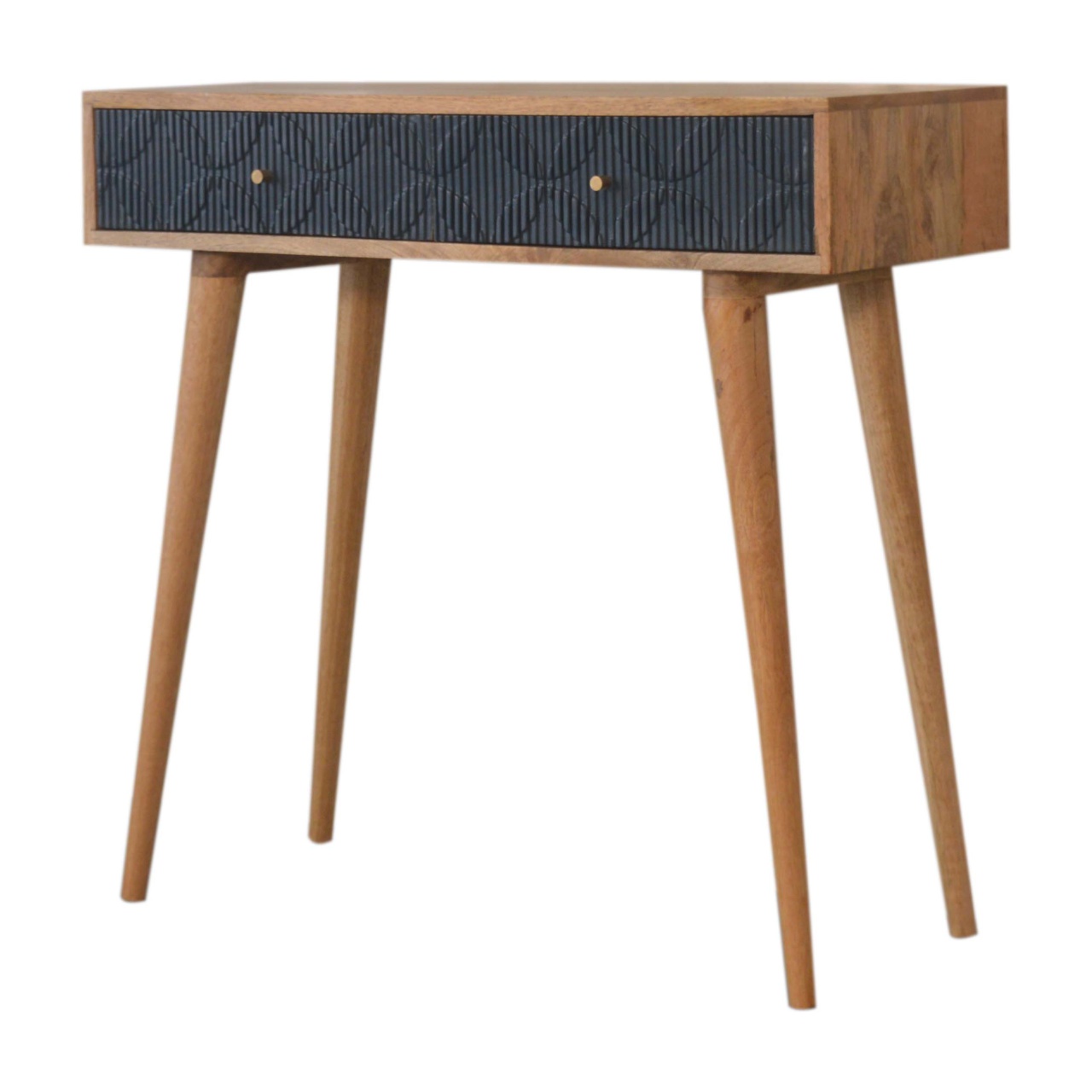 Solid Mango Wood Oak Finished 2 Drawer Milan Hand Painted Navy Ribbed Console Table - Image 2