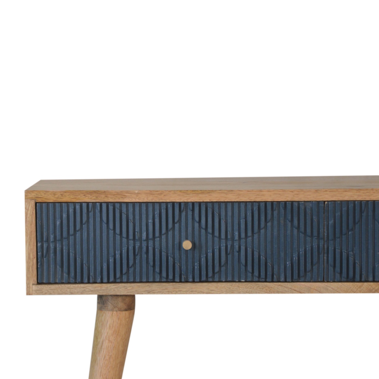 Solid Mango Wood Oak Finished 2 Drawer Milan Hand Painted Navy Ribbed Console Table - Image 4