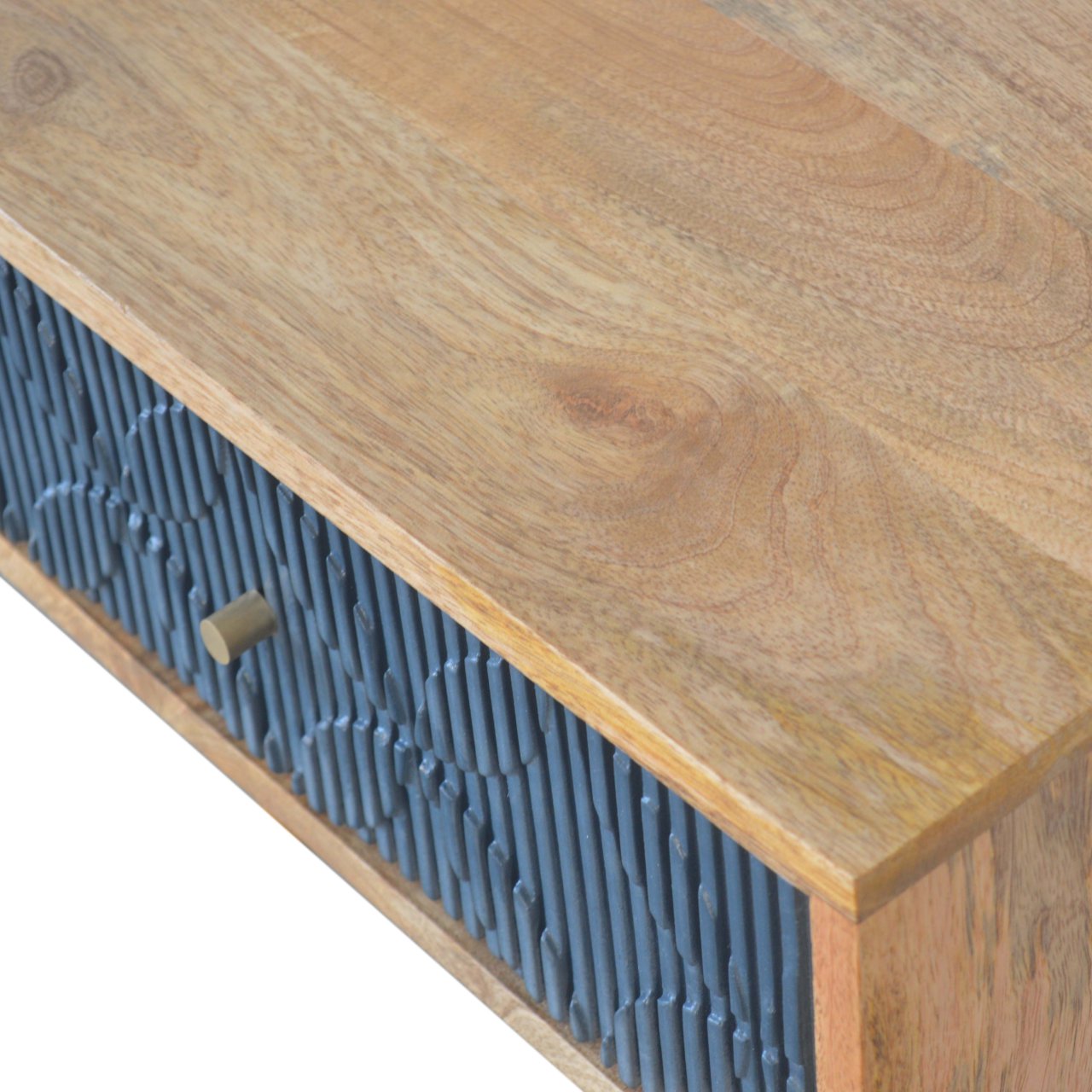 Solid Mango Wood Oak Finished 2 Drawer Milan Hand Painted Navy Ribbed Console Table - Image 5