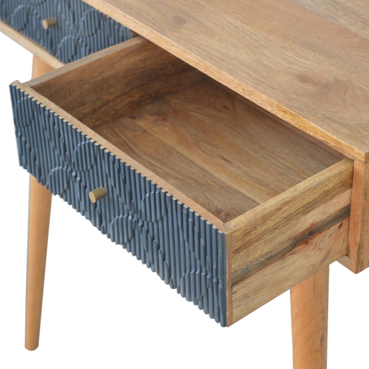 Solid Mango Wood Oak Finished 2 Drawer Milan Hand Painted Navy Ribbed Console Table - Image 6