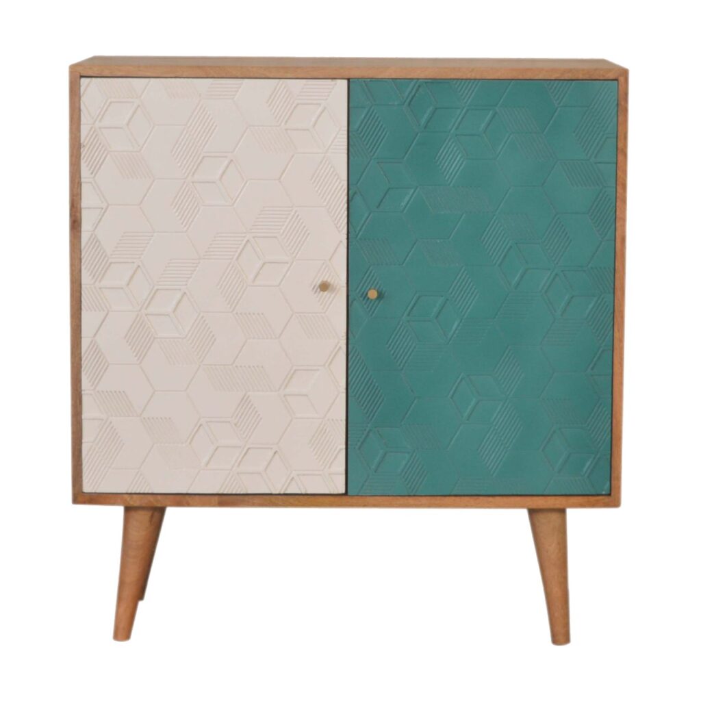 Solid Mango Wood Oak Finished 2 Door Acadia Hand Painted Teal and White Cabinet