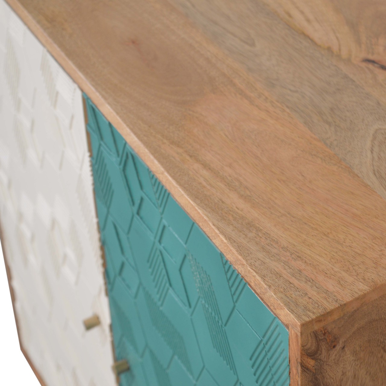 Solid Mango Wood Oak Finished 2 Door Acadia Hand Painted Teal and White Cabinet - Image 5