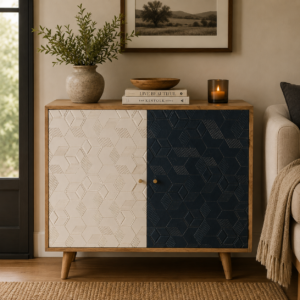 Solid Mango Wood Oak Finished Hand Painted 2 Door Acadia White and Navy Cabinet