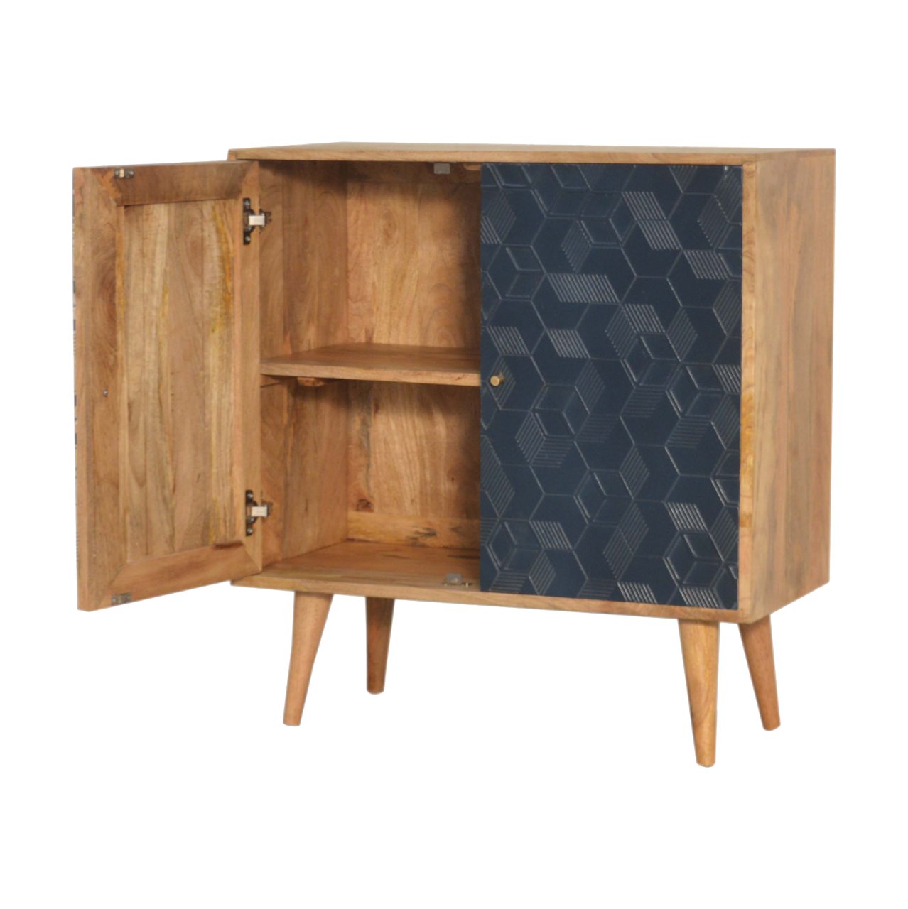 Solid Mango Wood Oak Finished Hand Painted 2 Door Acadia White and Navy Cabinet - Image 6