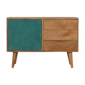 Solid Mango Wood Oak Finished 3 Drawer 1 Cabinet Acadia Hand Painted Teal Sideboard
