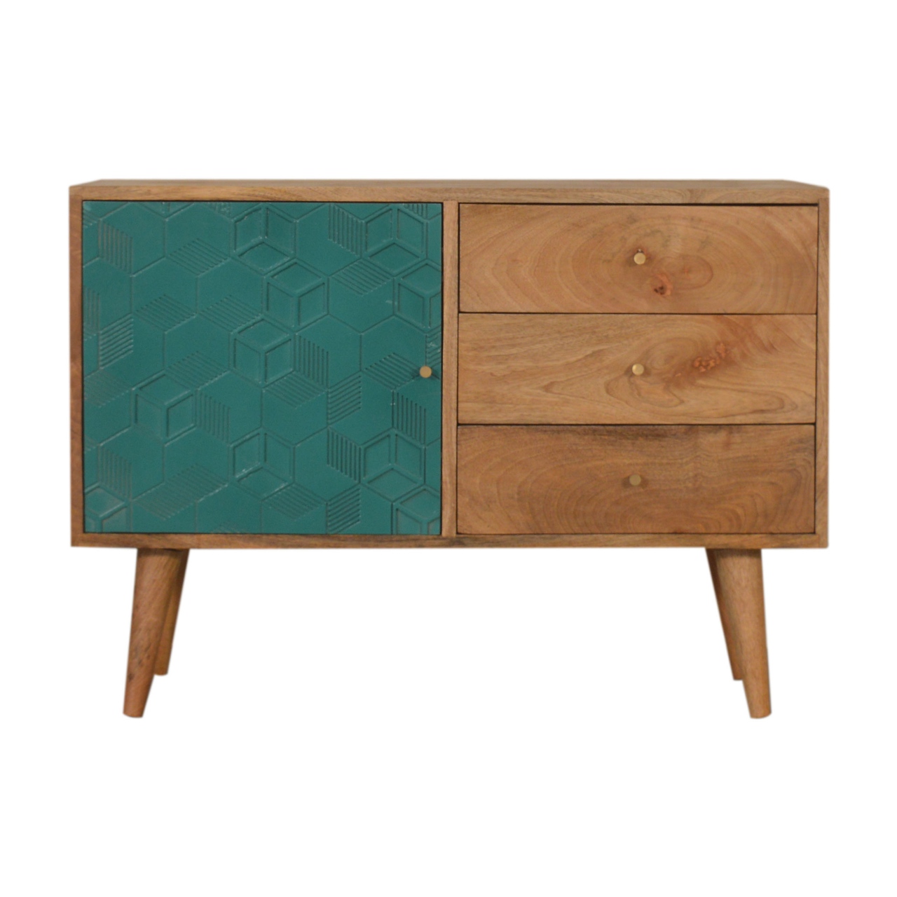 Solid Mango Wood Oak Finished 3 Drawer 1 Cabinet Acadia Hand Painted Teal Sideboard