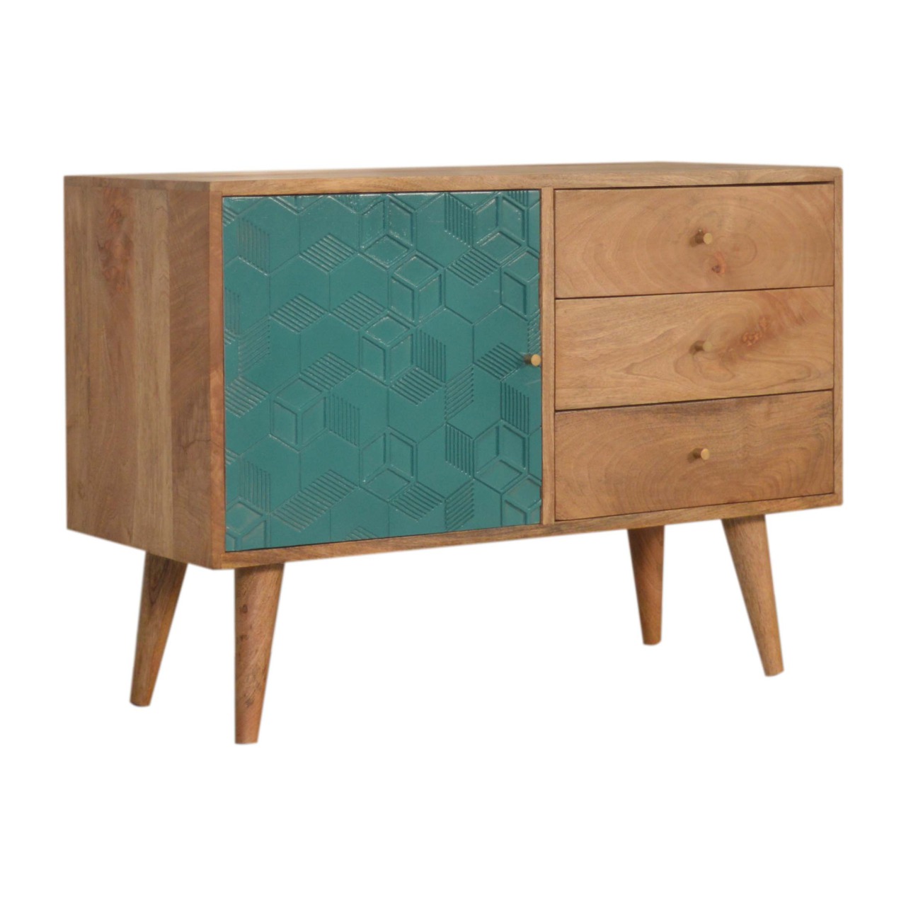 Solid Mango Wood Oak Finished 3 Drawer 1 Cabinet Acadia Hand Painted Teal Sideboard - Image 3