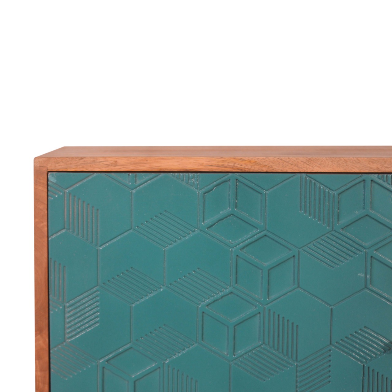 Solid Mango Wood Oak Finished 3 Drawer 1 Cabinet Acadia Hand Painted Teal Sideboard - Image 4