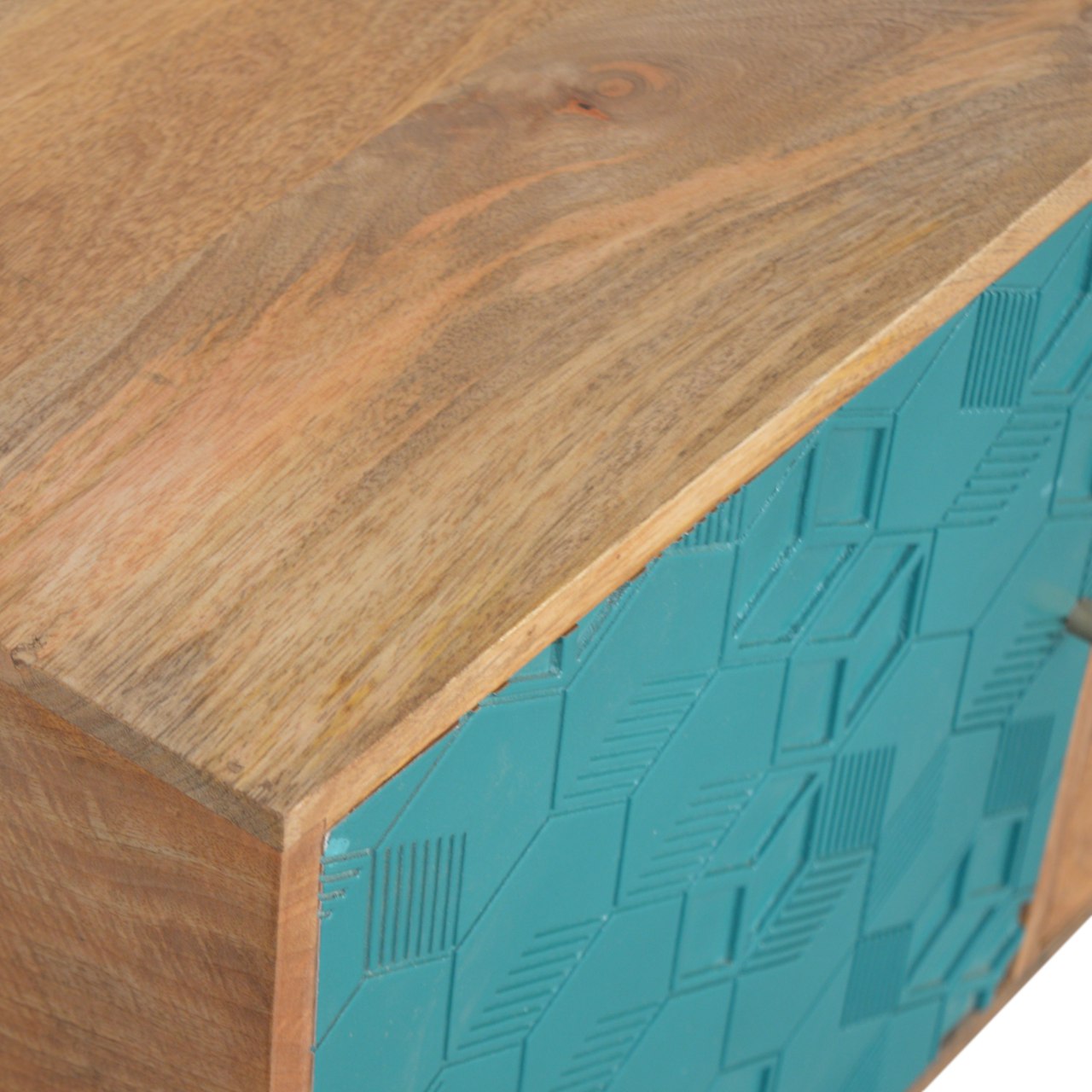 Solid Mango Wood Oak Finished 3 Drawer 1 Cabinet Acadia Hand Painted Teal Sideboard - Image 5