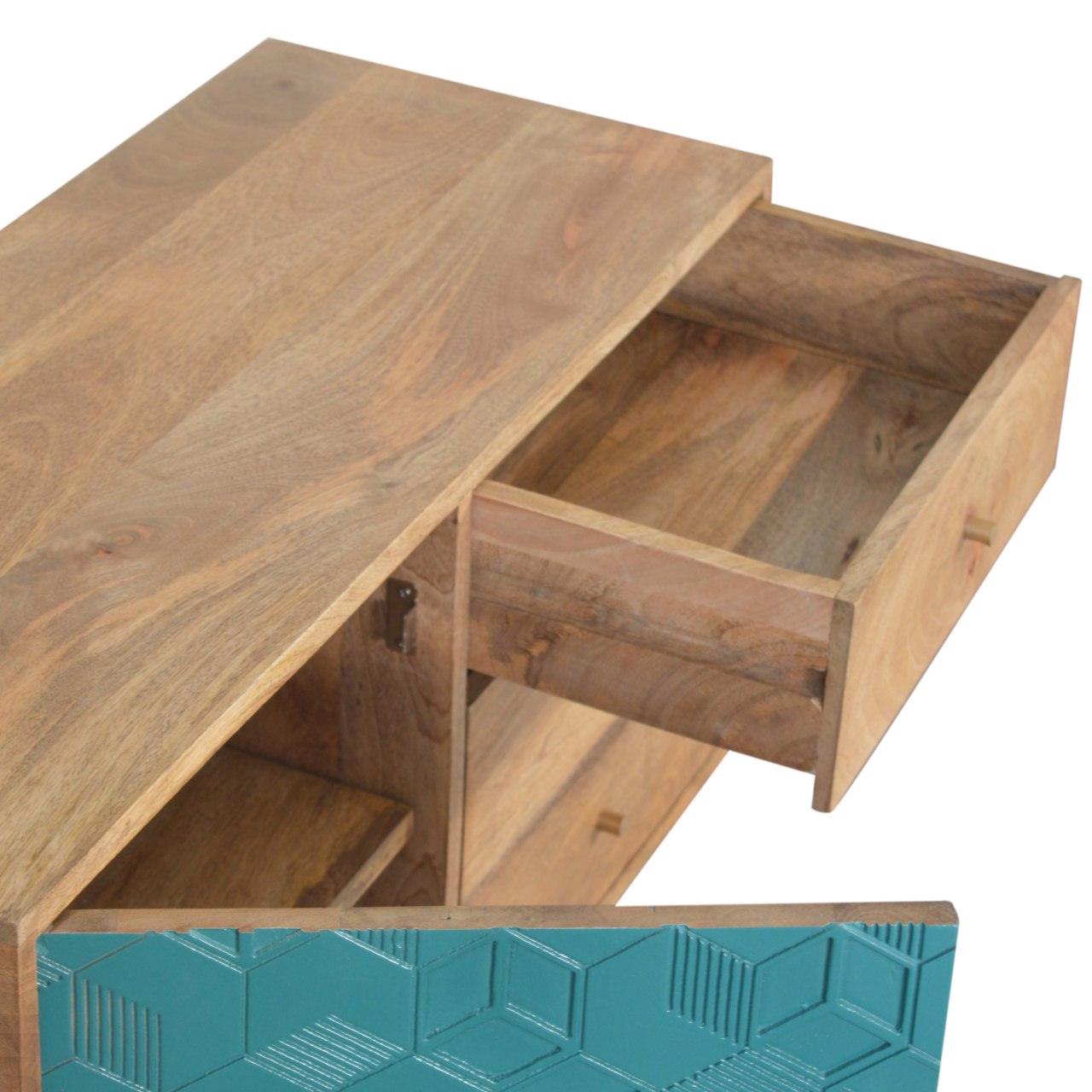 Solid Mango Wood Oak Finished 3 Drawer 1 Cabinet Acadia Hand Painted Teal Sideboard - Image 6