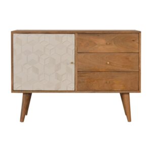 Solid Mango Wood Oak Finished 3 Drawer 1 Cabinet Acadia White Hand Painted Sideboard