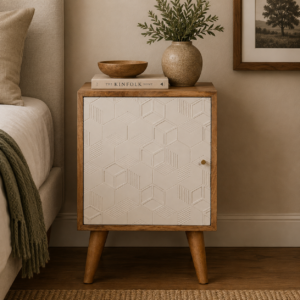 Solid Mango Wood Oak Finished Acadia 1 Hand Painted White Door Bedside