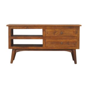 Solid Mango Wood Chestnut Finished 2 Drawer 2 Slot Nordic Style TV Unit