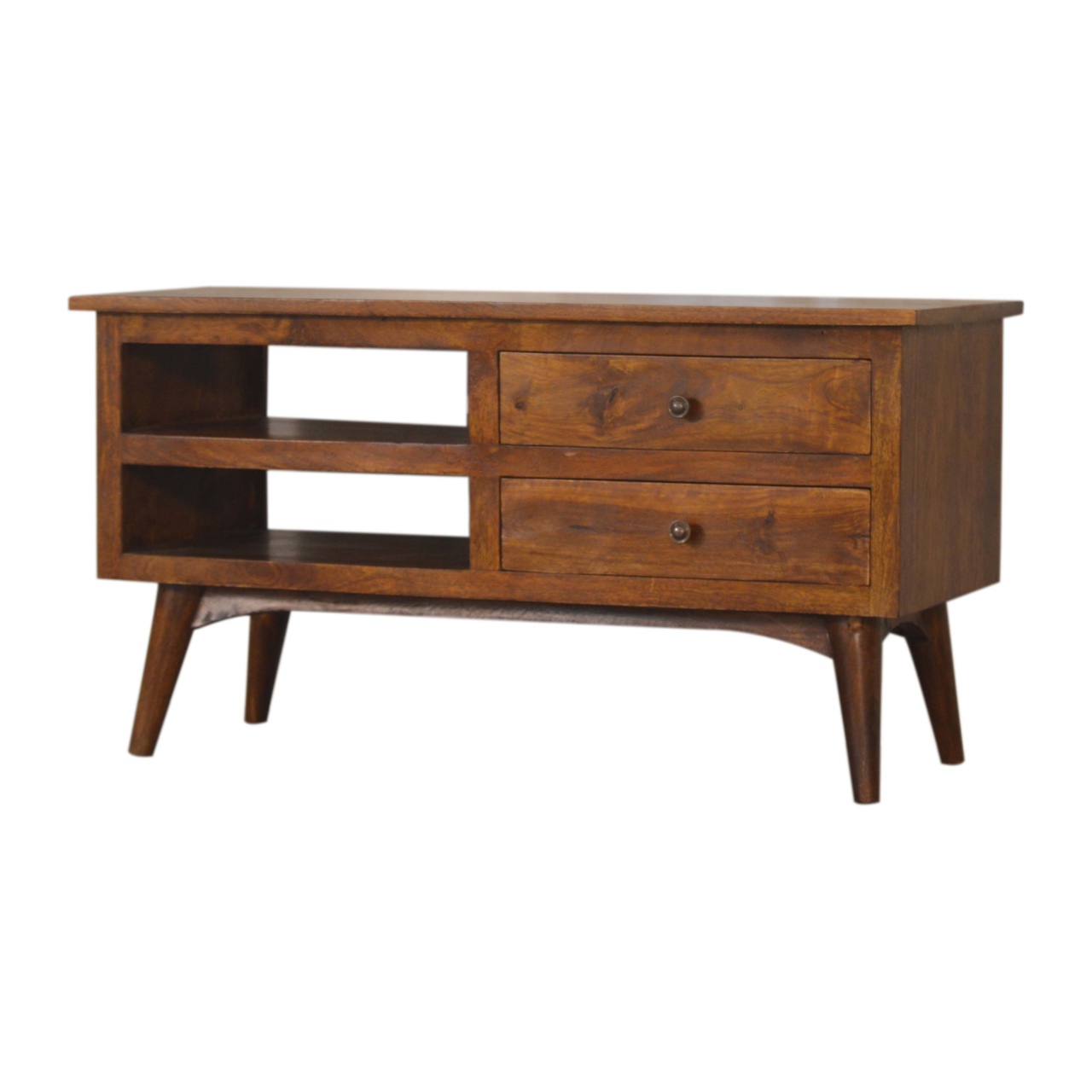 Solid Mango Wood Chestnut Finished 2 Drawer 2 Slot Nordic Style TV Unit - Image 2