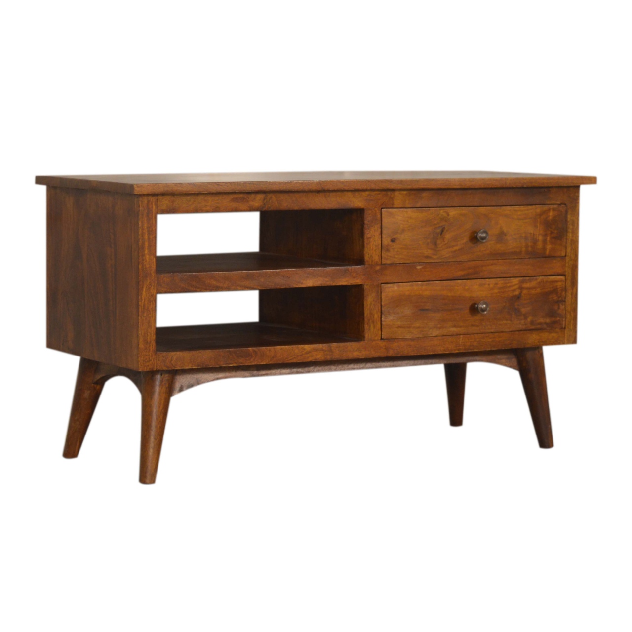 Solid Mango Wood Chestnut Finished 2 Drawer 2 Slot Nordic Style TV Unit - Image 3
