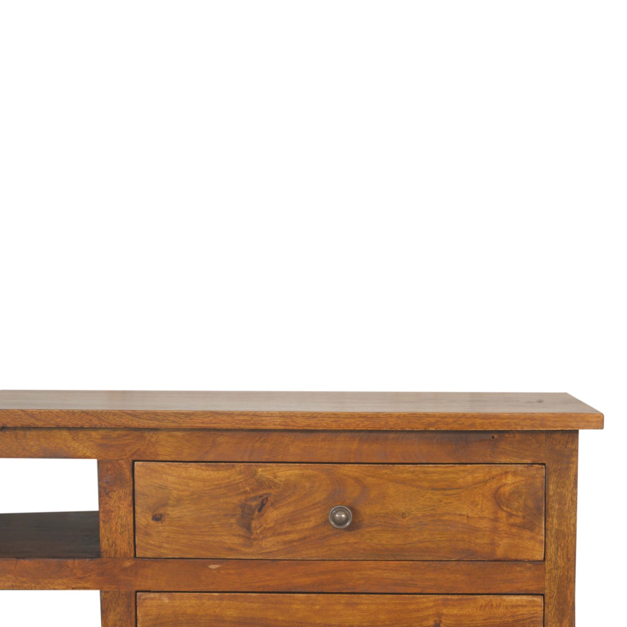 Solid Mango Wood Chestnut Finished 2 Drawer 2 Slot Nordic Style TV Unit - Image 4
