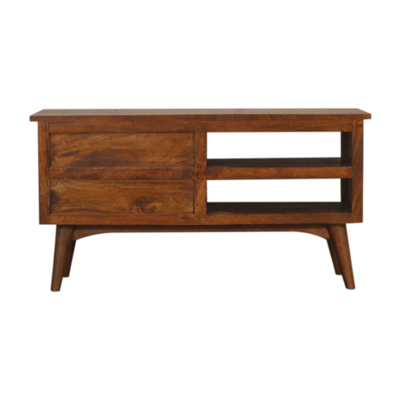 Solid Mango Wood Chestnut Finished 2 Drawer 2 Slot Nordic Style TV Unit - Image 9