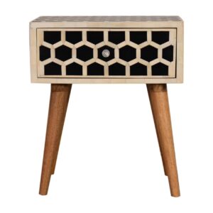 Solid Mango Wood Natural Finish 1 Drawer Honeycomb Bone Inlay Bedside