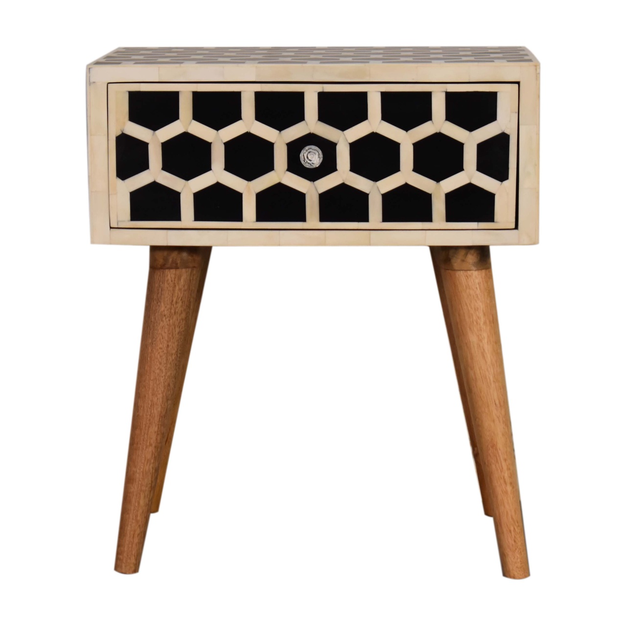 Solid Mango Wood Natural Finish 1 Drawer Honeycomb Bone Inlay Bedside