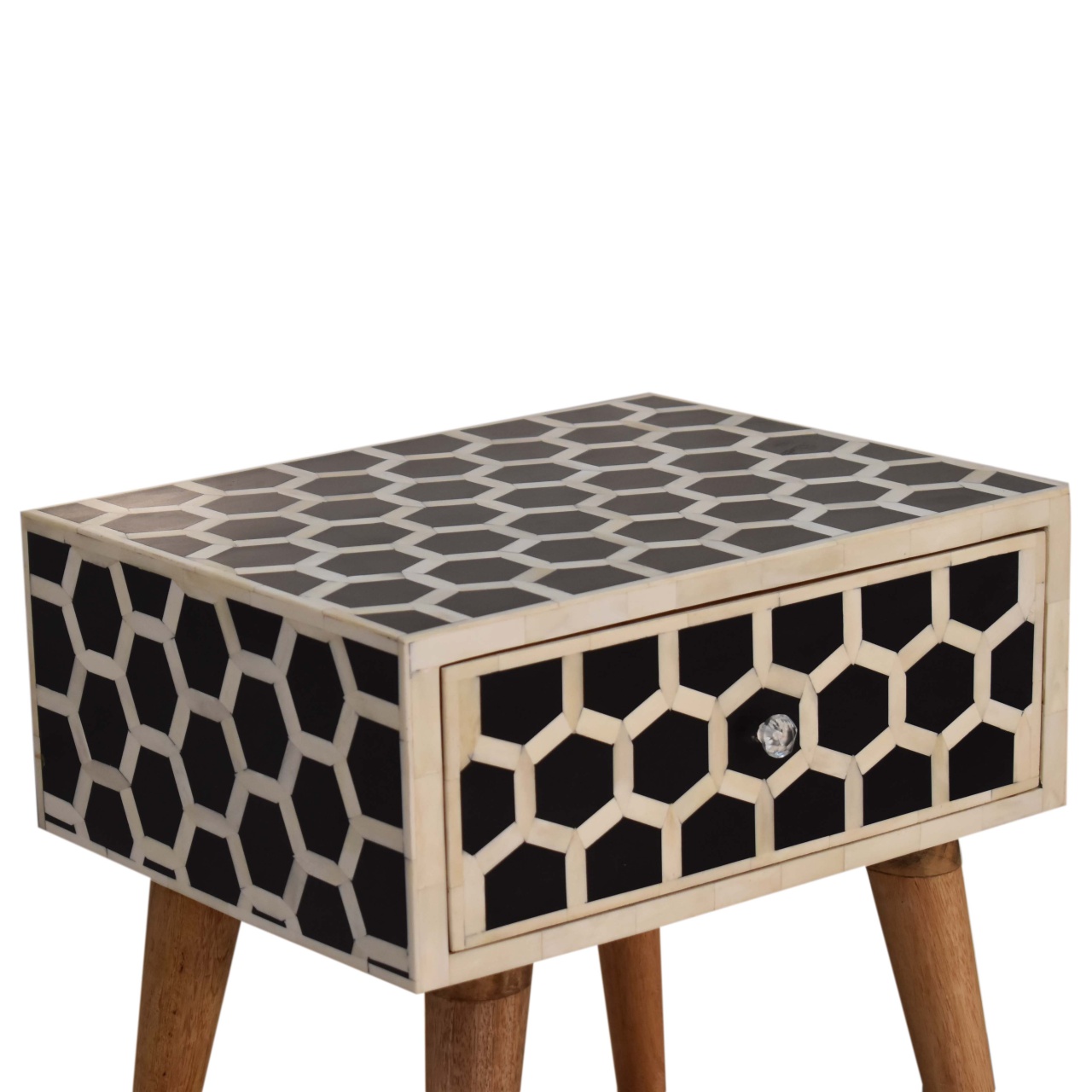 Solid Mango Wood Natural Finish 1 Drawer Honeycomb Bone Inlay Bedside - Image 4