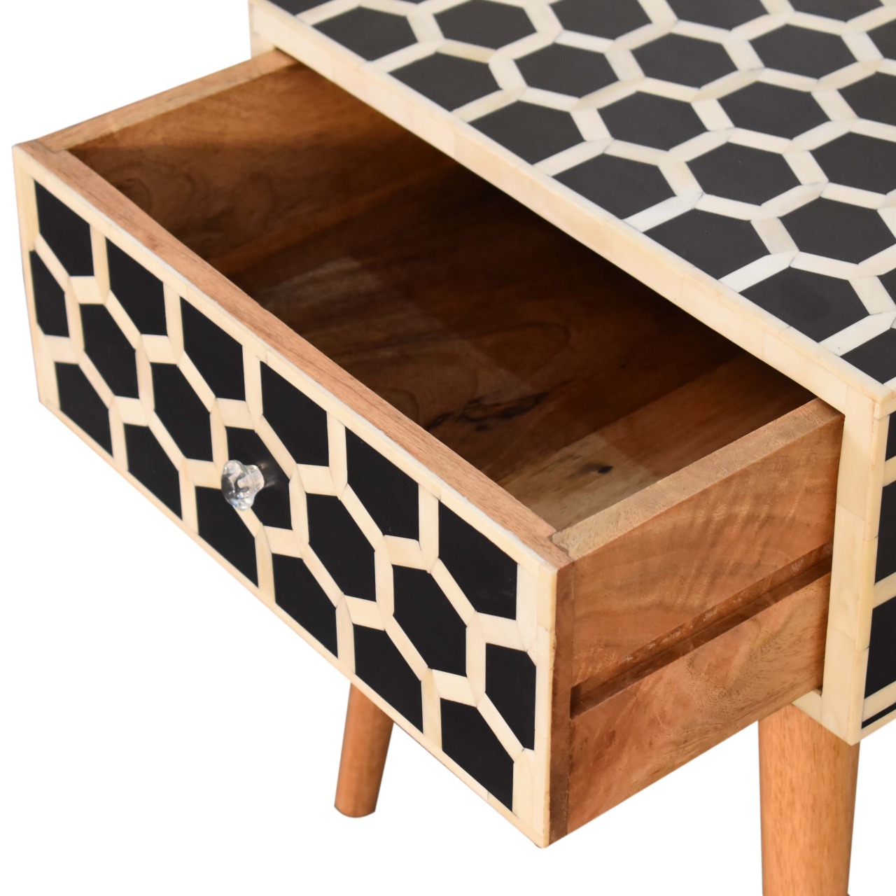 Solid Mango Wood Natural Finish 1 Drawer Honeycomb Bone Inlay Bedside - Image 6