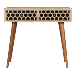 Solid Mango Wood Oak Finished 2 Drawer Honeycomb Pattern Bone Inlay Console Table