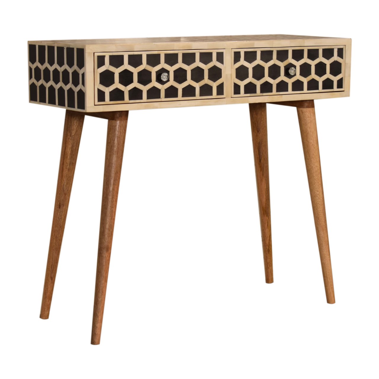 Solid Mango Wood Oak Finished 2 Drawer Honeycomb Pattern Bone Inlay Console Table - Image 2
