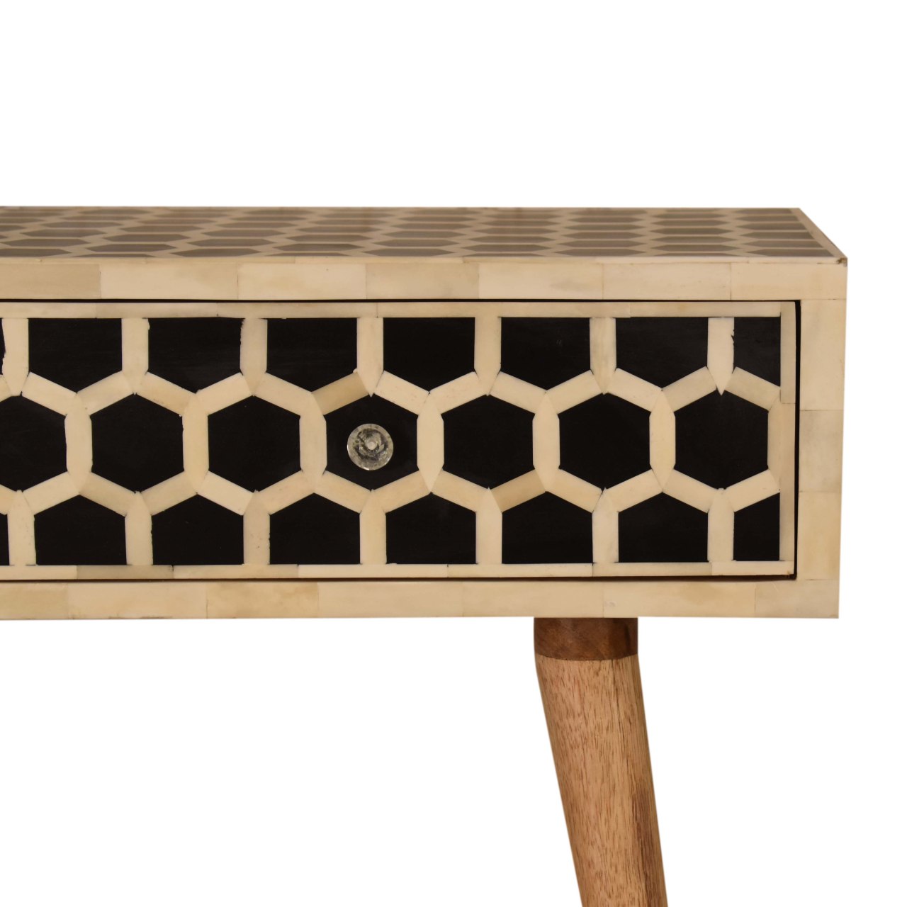 Solid Mango Wood Oak Finished 2 Drawer Honeycomb Pattern Bone Inlay Console Table - Image 4