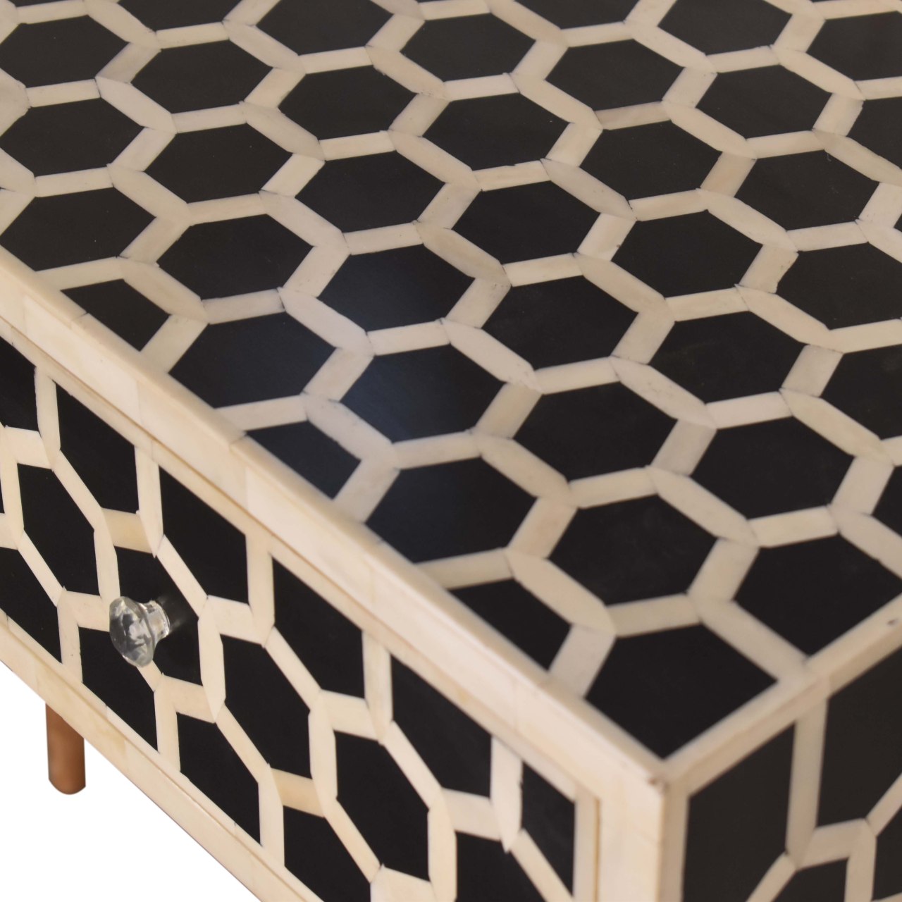 Solid Mango Wood Oak Finished 2 Drawer Honeycomb Pattern Bone Inlay Console Table - Image 5