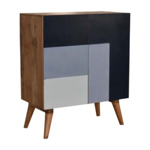 Solid Mango Wood Oak Finished 2 Door Quebec Hand Painted Blue Cabinet
