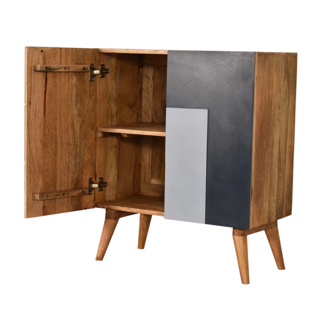 Solid Mango Wood Oak Finished 2 Door Quebec Hand Painted Blue Cabinet - Image 5